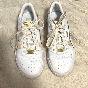 Gold and white puma shoes!!